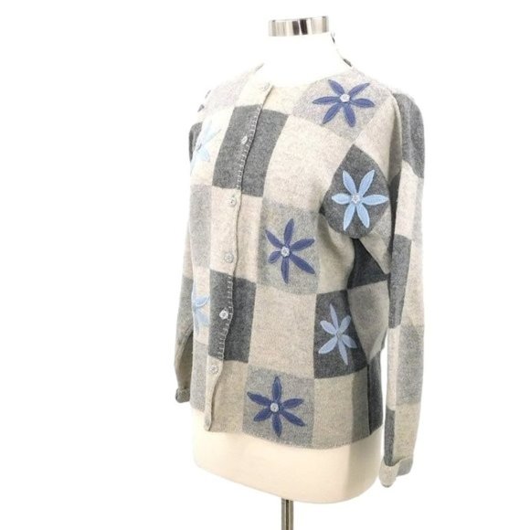 Talbots 100% Lambswool Flower Stitched Button Front Cardigan - Picture 4 of 12